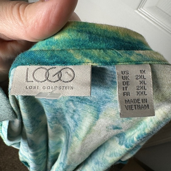 LOGO LORI GOLDSTEIN Blue Green Watercolor Mother Of Pearl Button Up Cardigan 1X - Picture 4 of 5